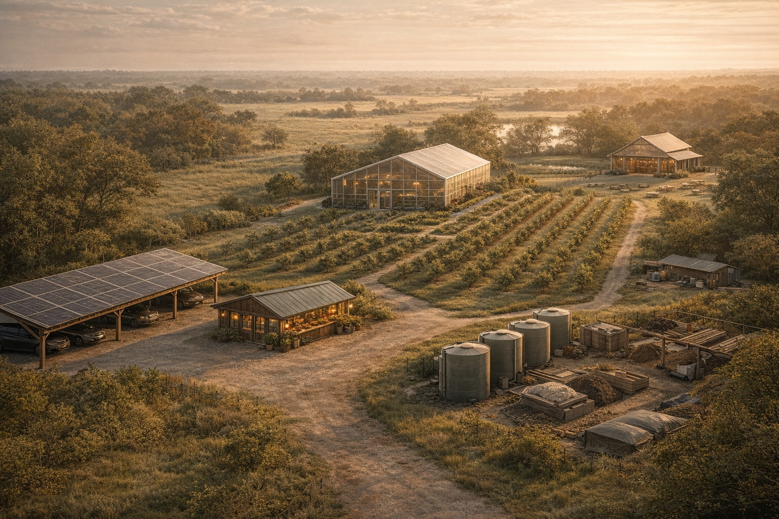 A wide systems view of The Borrowed Earth showing the greenhouse, orchard rows, parking canopy, and working edge.